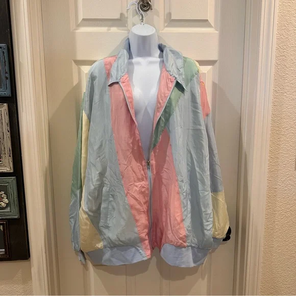 Blair Vintage Rare Silk Oversized Lightweight Pastel Patchwork Jacket 3X - Picture 9 of 10